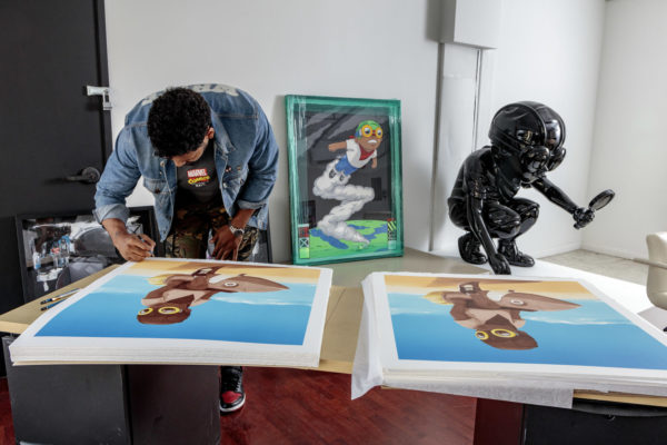 hebru-brantley-boy-on-rocket-print-them-all-signing-process-lithograph-chicago